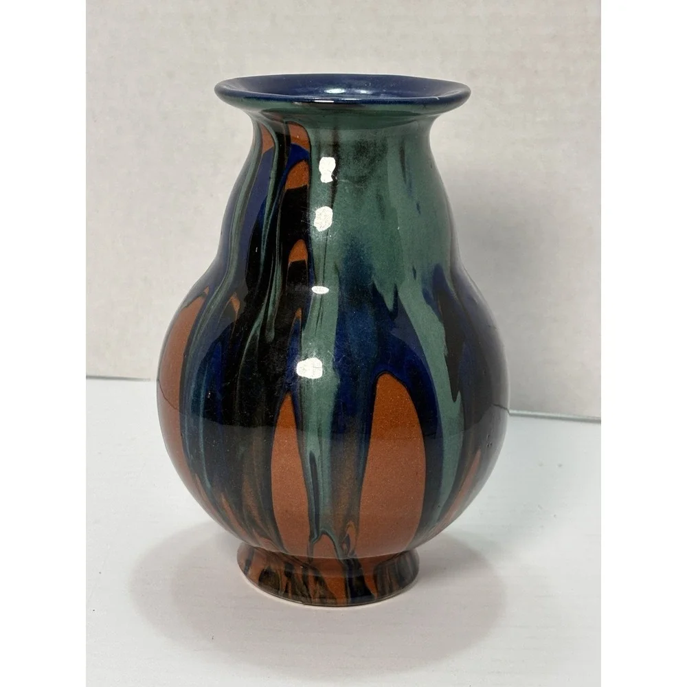 Vintage Dutch Pottery Vase #47‎ Drip Glaze Blue Green Brown MCM 7.5